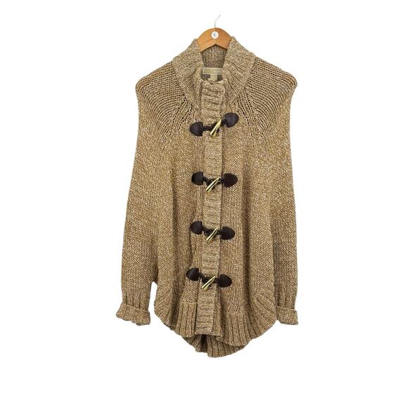 MICHAEL Michael Kors Tan White Chunky Knit Toggle Zipper Poncho Cardigan Sweater - Picture 10 of 13